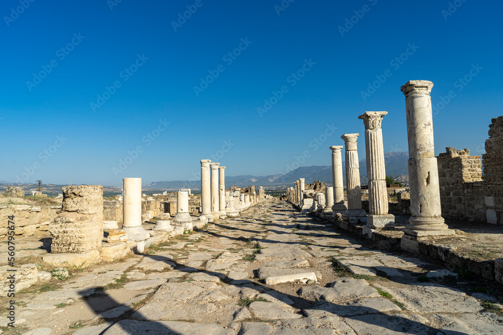 View of Syria Street towards Eastern Byzantine Gate at the ancient Roman site of Laodikeia (Laodicea) near Denizli in Turkey. 