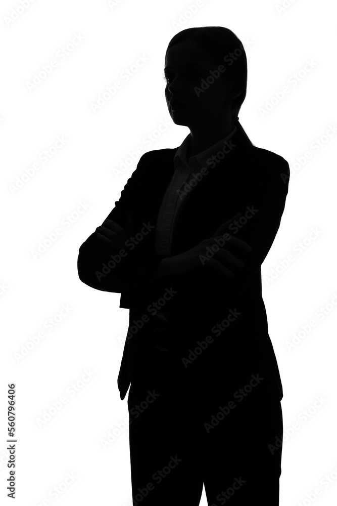 Silhouette of young businesswoman on white background