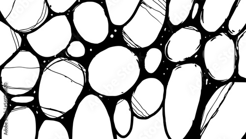 Texture of black ink streamers of a viscous substance on a white background. Round holes with stretching veins. Stock vector illustration.