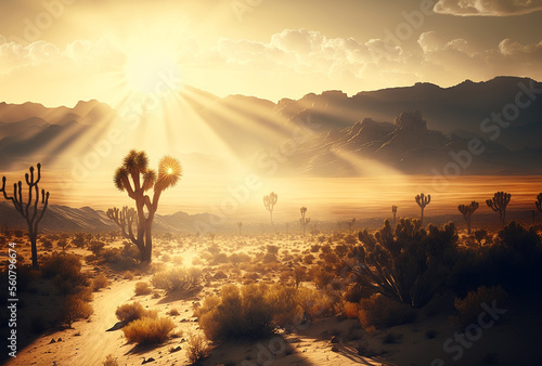 sandy desert landscape with sunbeams or rays of sunshine  AI-generated digital illustration