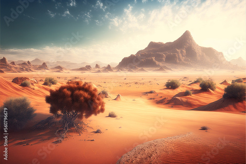 sandy desert landscape with sunbeams or rays of sunshine, AI-generated digital illustration