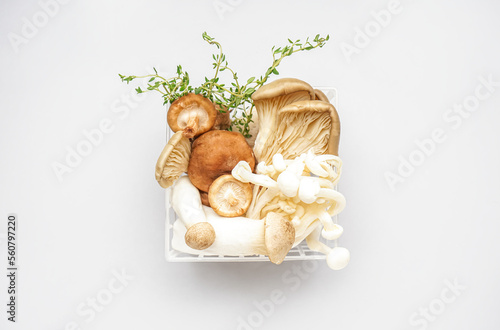Basket with fresh mushrooms and thyme on light background