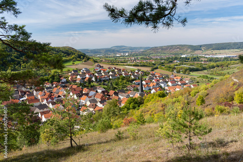 Blick vom NSG Trockengebiete bei Machtilshausen auf den Ort Machtilshausen und das fränkische Saaletal, Landkreis Bad Kissingen, Unterfranken, Franken, Bayern, Deutschland photo