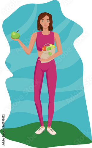 Girl with an eco-friendly bag with an apple. Proper nutrition, ecology, diet and healthy lifestyle. Vector flat illustration with character.