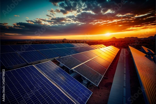 Fotografia Blue photovoltaic solar panels mounted on building roof for producing clean ecological electricity at sunset