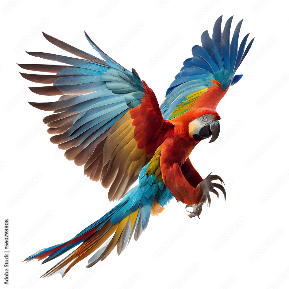 Beautiful macaw parrot flying on white background with clipping path