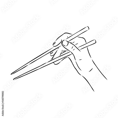 Japanese chopsticks. Hand with Chinese Sticks. Bamboo Chopsticks. Asian cuisine. Vector flat outline icon illustration isolated on white background.