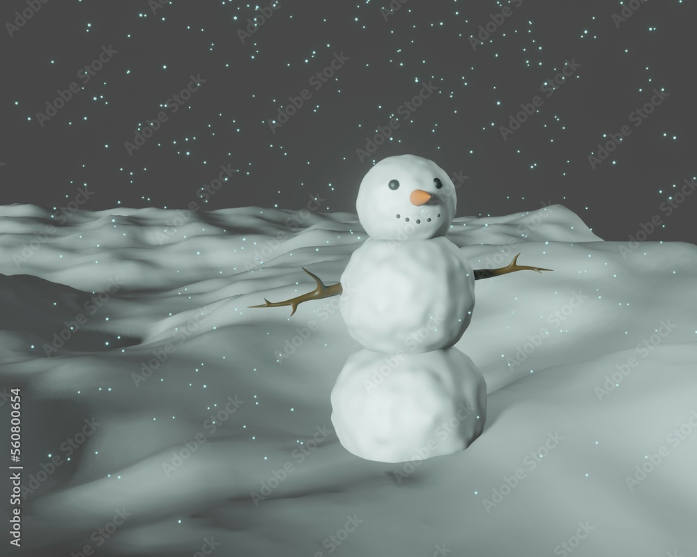 Obraz premium Winter illustration of a snowman. Snow drifts. Festive night. 3D drawing.