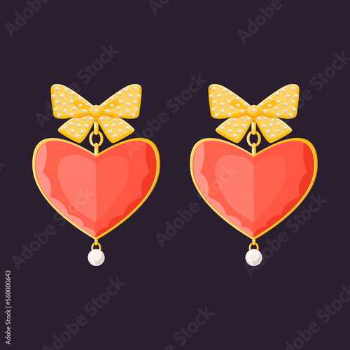 Gold earring with red heart shape diamond pearl and golden bow. Woman Expensive luxury accessories. Flat style vector illustration