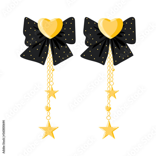 Gold dangle Chain long earring with golden heart, star and black bow. Modern Trendy Women Accessories jewelry Vector illustration