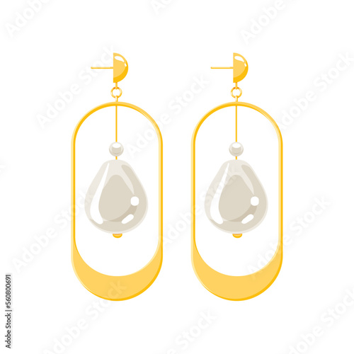 Golden earrings with pearls. Woman Expensive luxury accessories. Flat style vector illustration