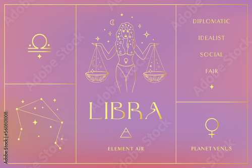 Libra Zodiac Sign Design Illustrations. Esoteric Vector Element, Icon. Golden Set.