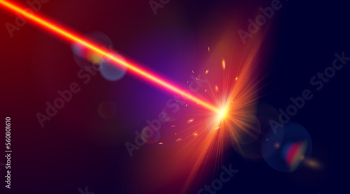 Red laser strike. Laser beam with bright shiny sparkles. Vector image.