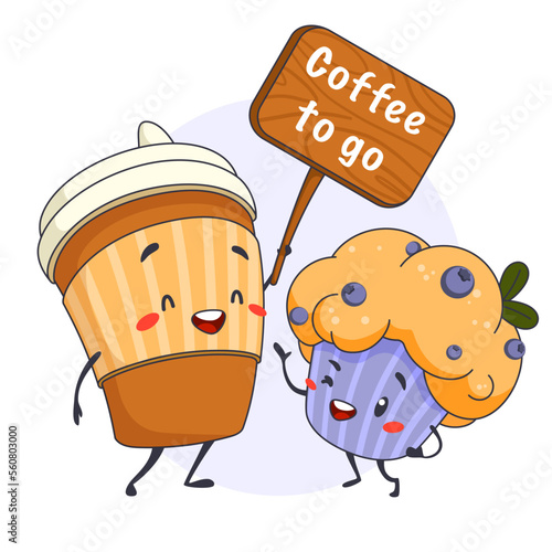 Cartoon characters cup of coffee with a poster and blueberry muffin
