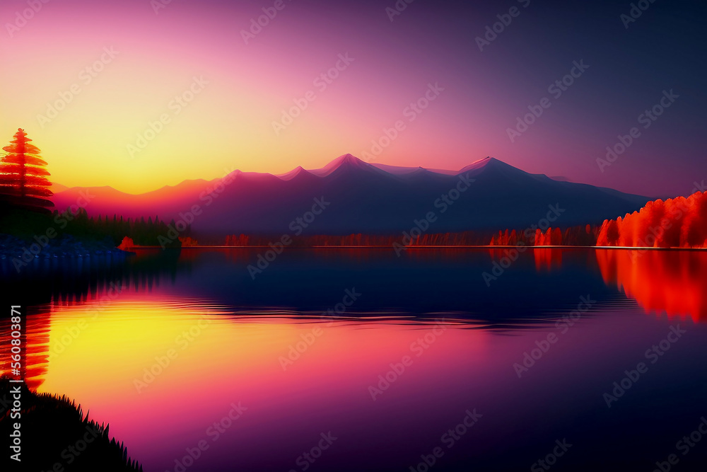 beautiful sunset in lake with hills and pine trees