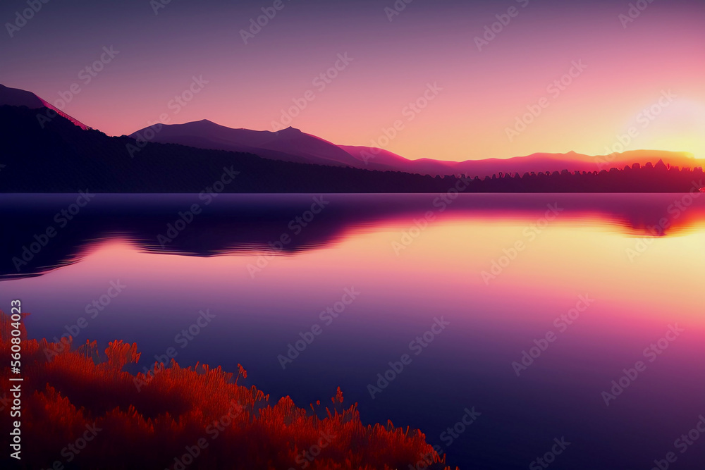beautiful sunset in lake with hills and pine trees