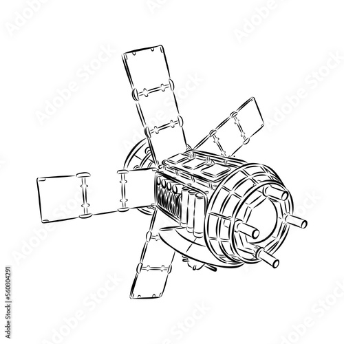 Satellite with dish antenna. Doodle style space satellite vector