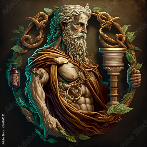 Ancient greek god Asclepius. Created with Generative AI technology. photo