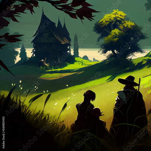 Grasslands Landscape Windswept Green Grass House Blue Sky Roleplaying RPG Environment DND Concept Painting Style Generative AI Tools Technology illustration © paul
