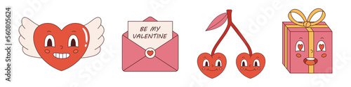 Vector retro set with y2k elements in flat design. Heart shaped character, couple of heart cherries, love letter with be my valentine text and gift box with heart shaped eyes. Funny collection 70s. photo