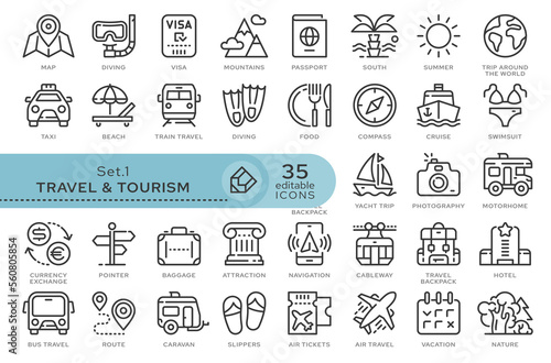 Set of conceptual icons. Vector icons in flat linear style for web sites, applications and other graphic resources. Set from the series - Travel and Tourism. Editable outline icon.	

