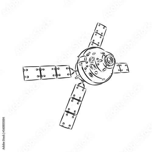 Satellite with dish antenna. Doodle style space satellite vector