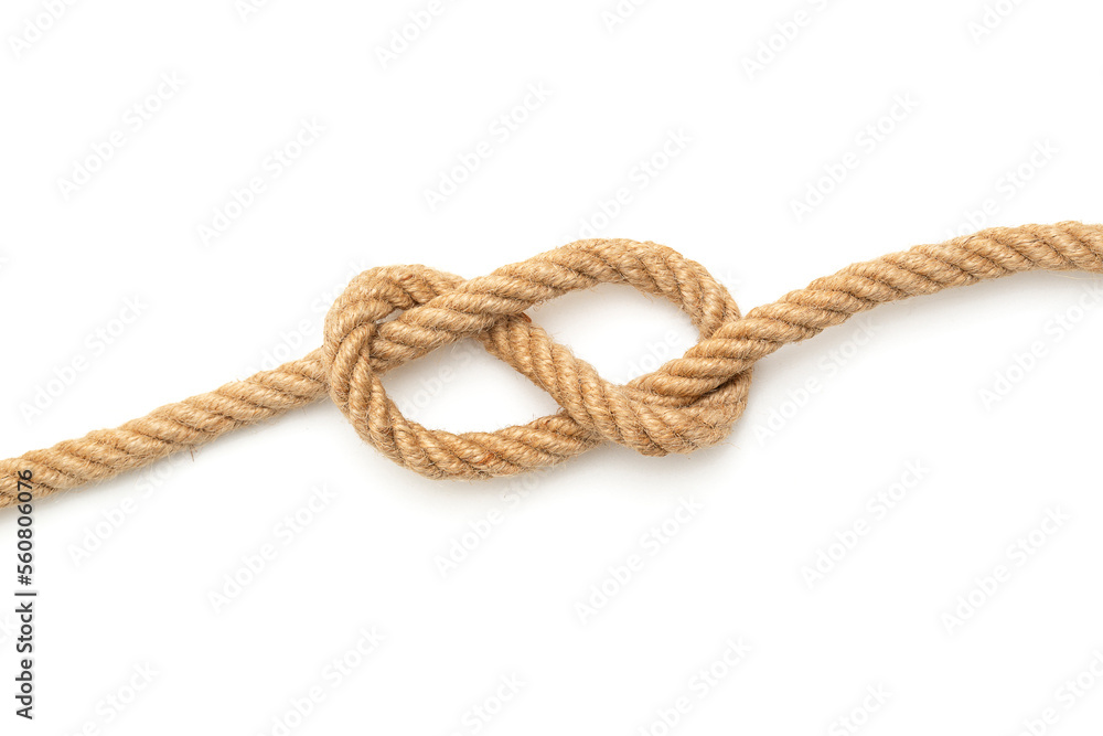 Rope with tied knot in shape wave on white background Rope with tied knot in shape wave on white background