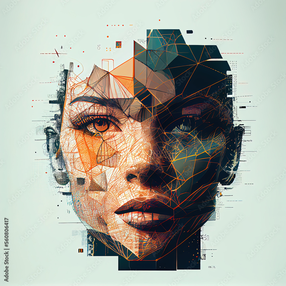 Face Recognition concept. An illustration of a female face with a planes and lines overlay. - obrazy, fototapety, plakaty 