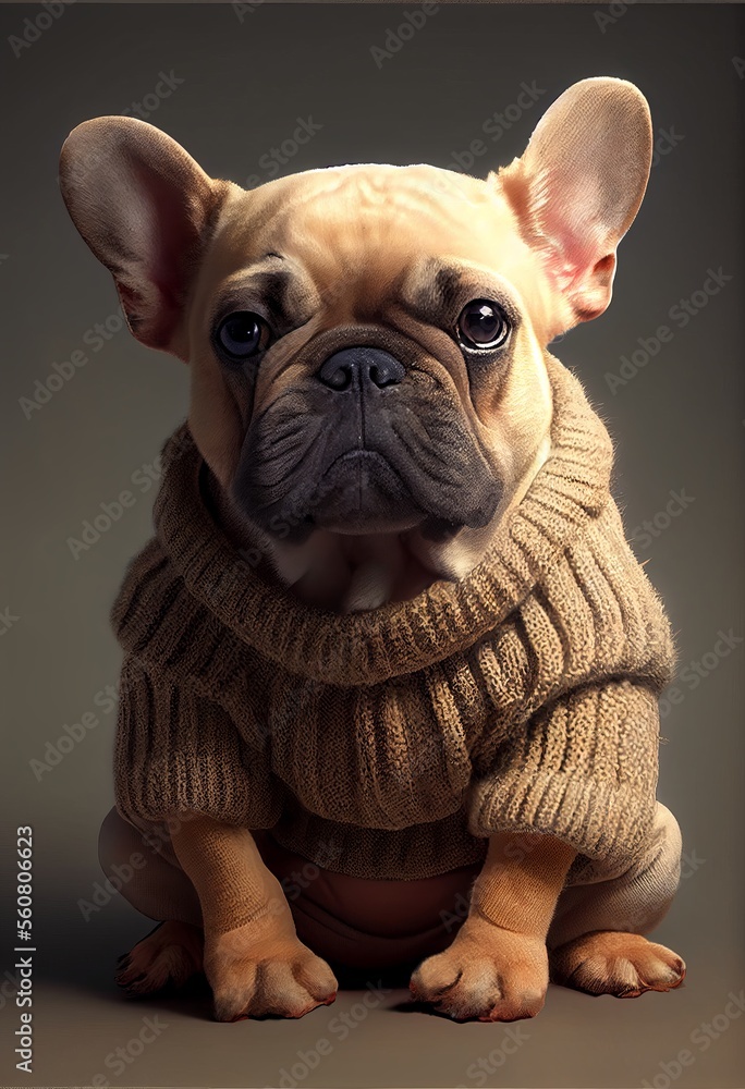 Portrait of brown puppy a French bulldog, dressed in a brown knitted sweater