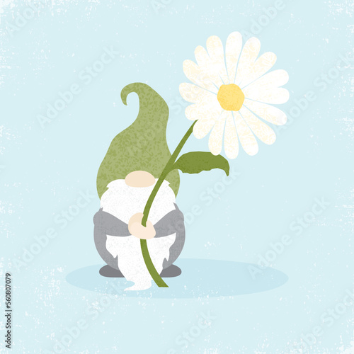 A gnome holding a daisy, in a cut paper style with textures
