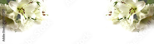 Photos banner with white lilies and hydrangea. High quality photo