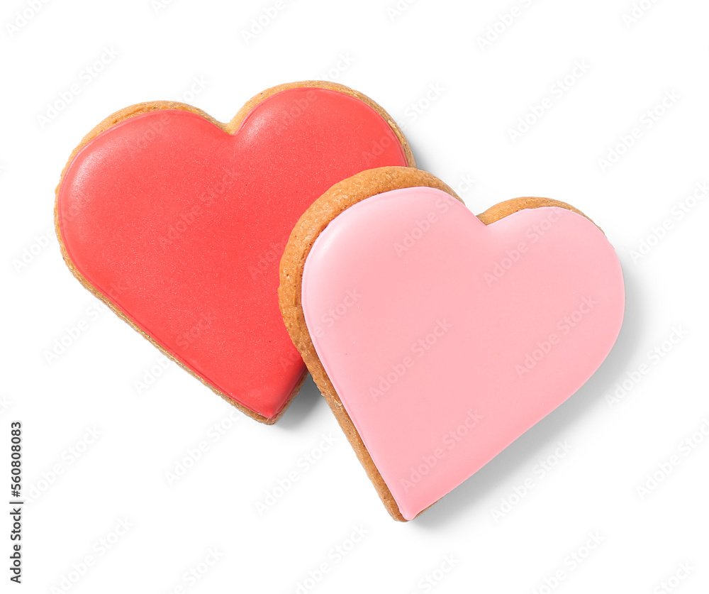 Fototapeta premium Heart shaped cookies on white background. Valentine's Day celebration