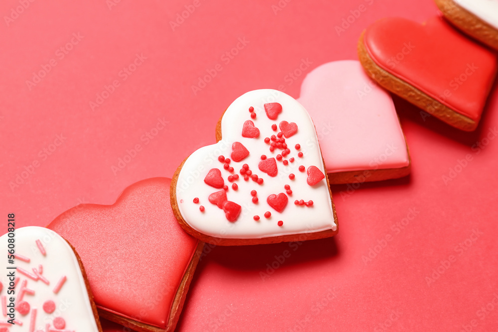 Sweet heart shaped cookies on red background, closeup. Valentine's Day celebration Sweet heart shaped cookies on red background, closeup. Valentine's Day celebration