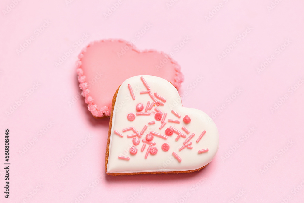 Delicious heart shaped cookies on pink background. Valentine's Day celebration Delicious heart shaped cookies on pink background. Valentine's Day celebration