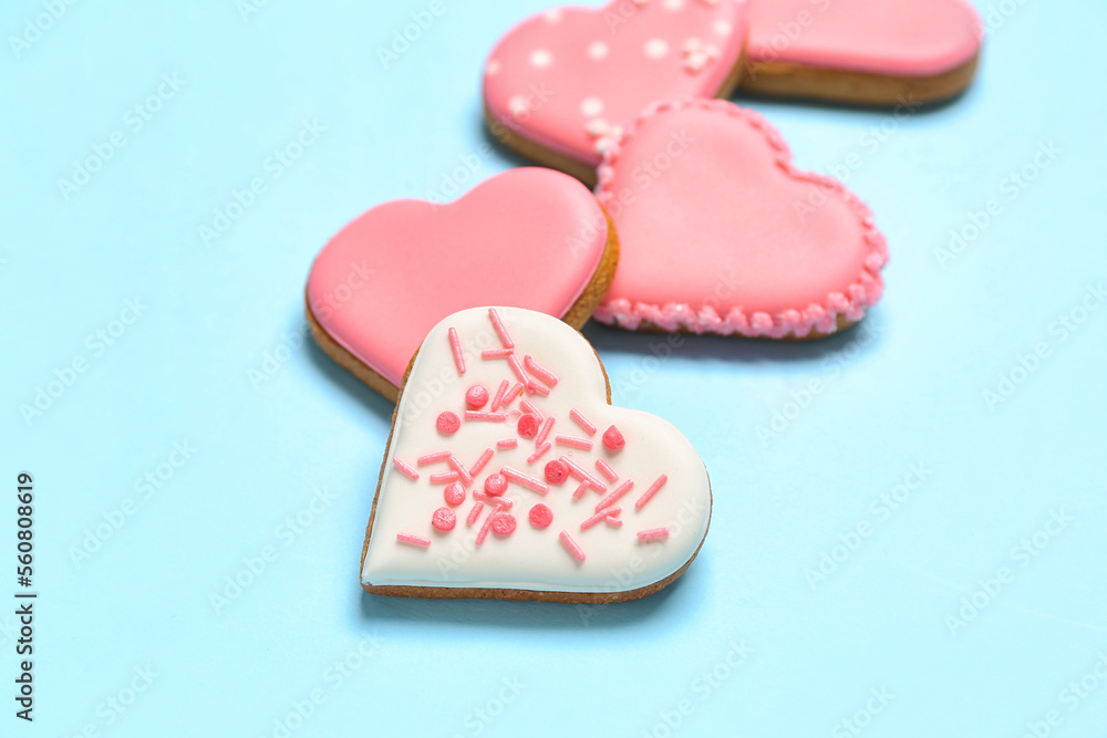 Obraz premium Composition with sweet heart shaped cookies on color background. Valentine's Day celebration