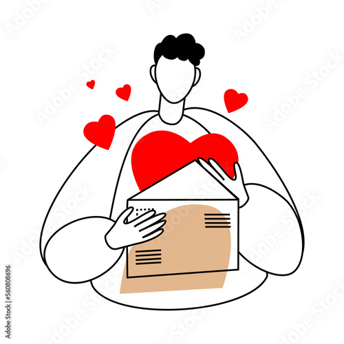 Confession in love. The man is holding a letter with a confession of love. Vector line drawing isolated on a white background.
