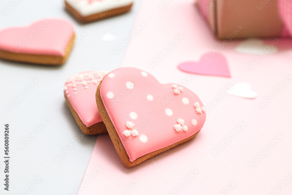 Tasty heart shaped cookies on color background. Valentine's Day celebration Tasty heart shaped cookies on color background. Valentine's Day celebration