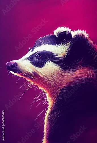 Funny adorable portrait headshot of cute badger. European land animal standing facing front. Looking to camera. Watercolor imitation illustration. AI generated vertical artistic poster.