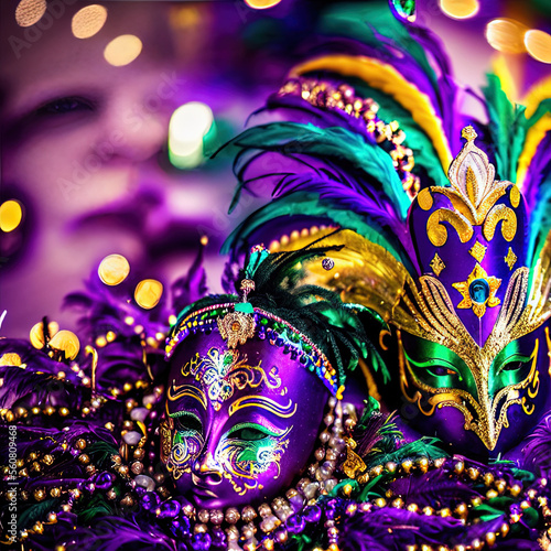 Mardi Gras Masks, Purple Green and Gold, Jolly Jester, Generative AI