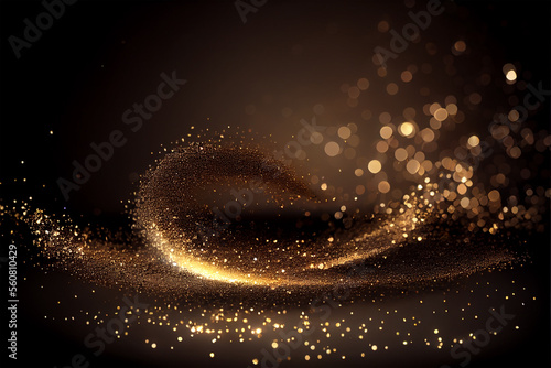Photo Shiny flow of glitter particles and bokeh golden shiny background on dark backdr