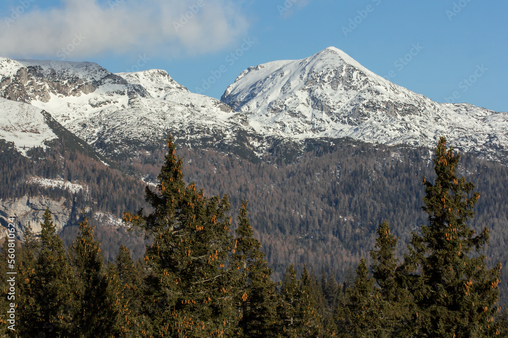 Velika planina mountain 1666 m in Kamnik Savinja Alps in Slovenia, winter hiking in herdsmen’s huts village covered with snow, with white mountain peaks