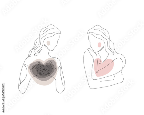 Depressed woman with emptiness inside and happy woman that love and care about herself. Concepts of treating mental health problems and psychotherapy. Continuous line drawing vector illustration set.