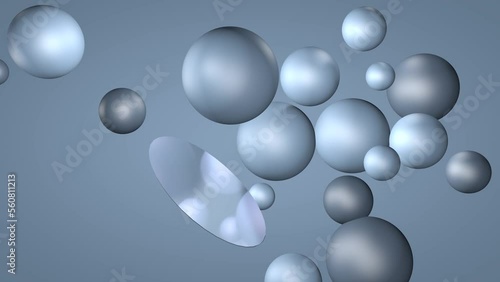 3d animation. Balls or bubbles of different sizes gently and slowly sway in the air. The small mirror in the center reflects the spheres. Blue monochrome background.