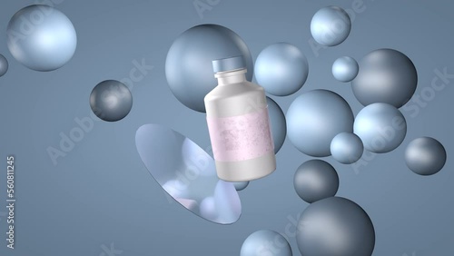 3d animation. Bottle of shampoo or shower gel or cream among balls. A small round bubble or molecule flies up to the jar and makes a circle around it with a transparent tape or jet of liquid.