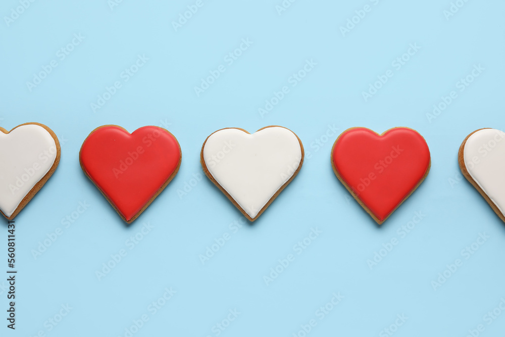Sweet heart shaped cookies on color background. Valentines Day celebration