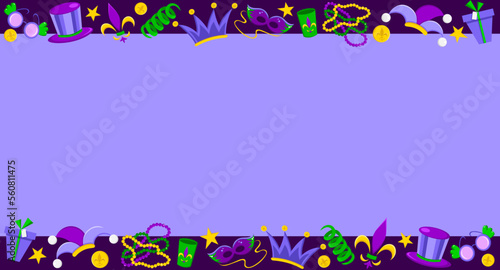 Bright colourful banner on purple background for Mardi Gras celebration. Hat, crown, beads, symbol, balloon, serpentine, flag, coconut, mask, crystal, star. Doodle vector illustration in cartoon style