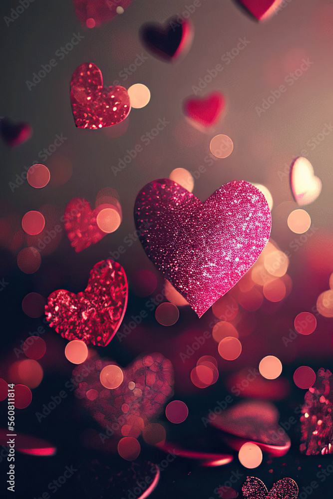 Beautiful pink glittering hearts with pink bokeh, St. Valentine's Day, Generative AI