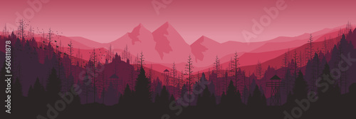 mountain morning view with pine tree forest silhouette flat design vector banner template good for web banner, ads banner, tourism banner, wallpaper, background template, and adventure design backdrop