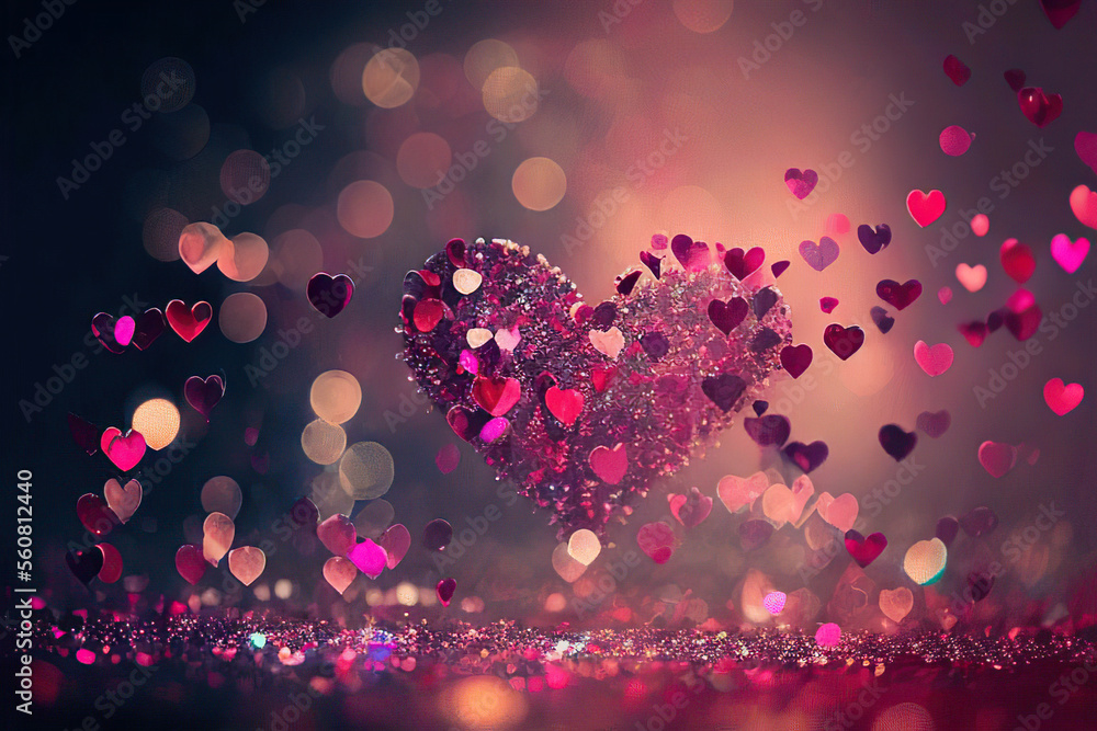 Wonderful pink glittering heart with little pink hearts, bokeh background, love, St. Valentine's Day, Generative AI