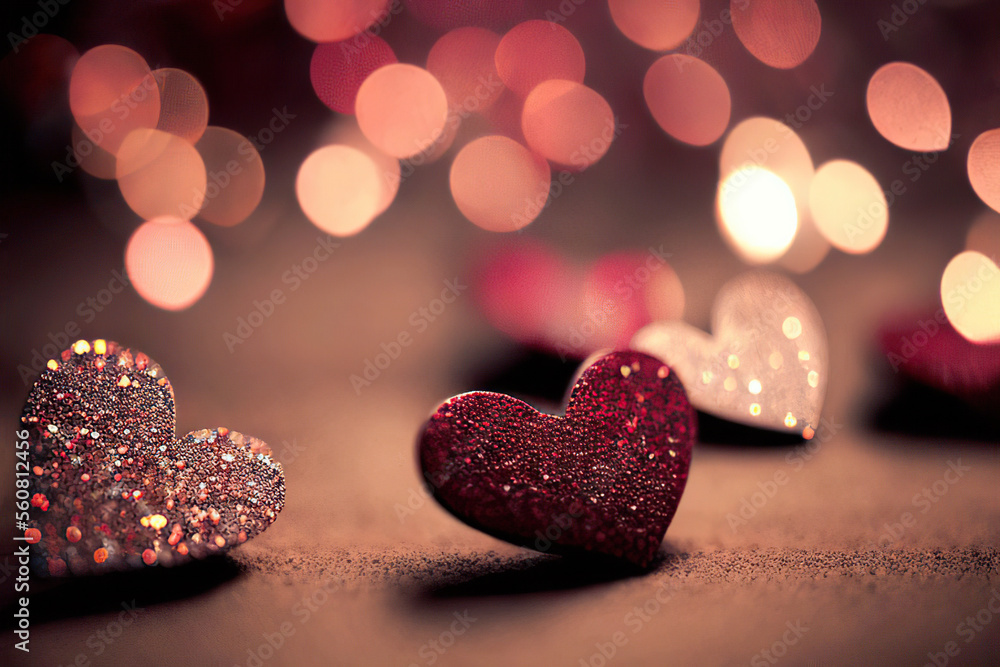 Beautiful pink and golden glittering hearts in the bokeh background, Generative AI Beautiful pink and golden glittering hearts in the bokeh background, Generative AI